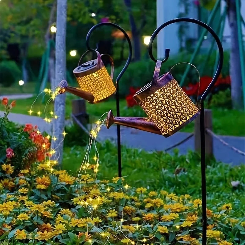 Large Retro Metal Lantern Solar Watering Can Light Outdoor Waterproof Shower Lights Hanging Star LED Fairy for Garden Decoration